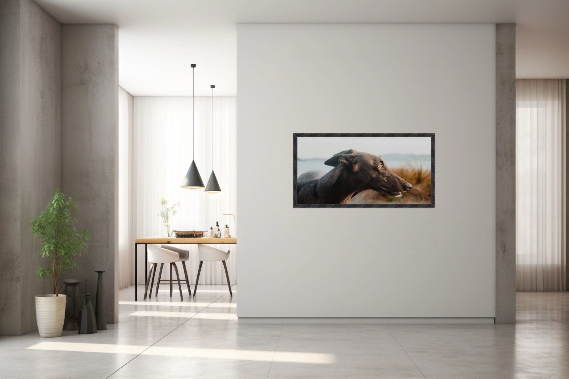 A framed pet portrait of a greyhound displayed on a dining room wall