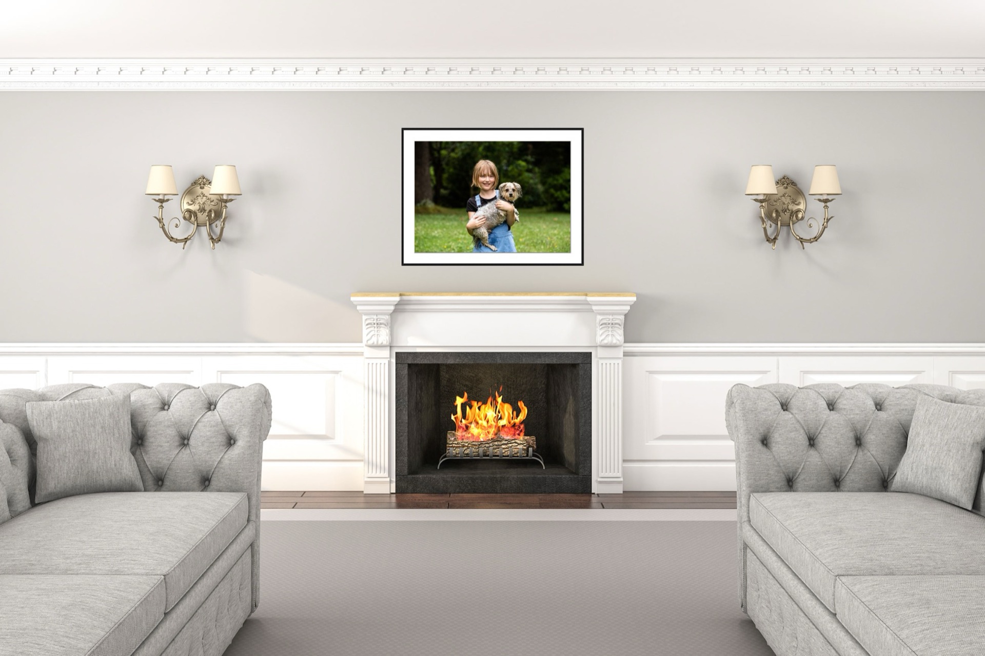 Pet portraits displayed as wall art in a bright living room