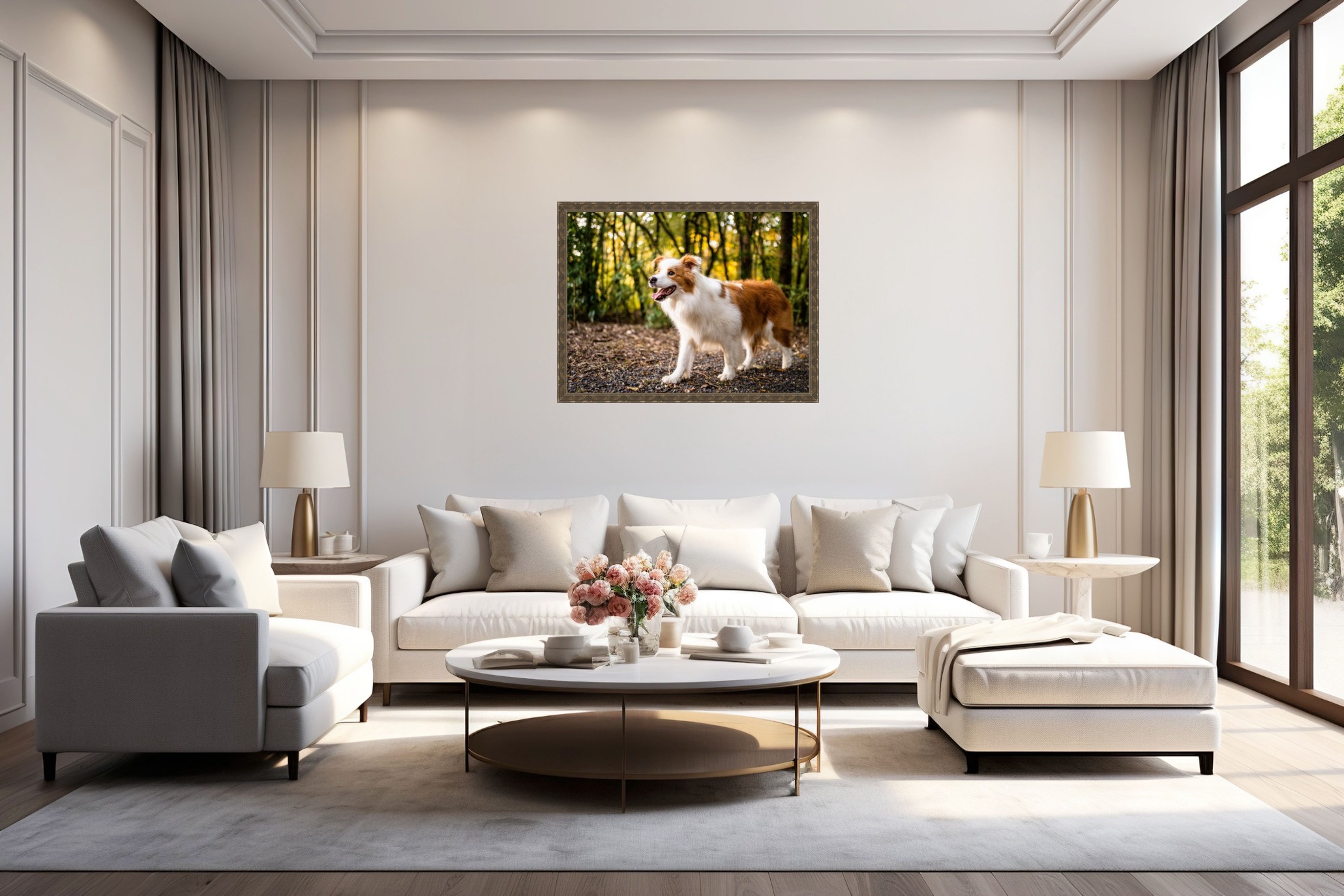 A framed portrait of a red and white Border Collie in woodland light, displayed as wall art above a cream sofa in a bright Wellington living room